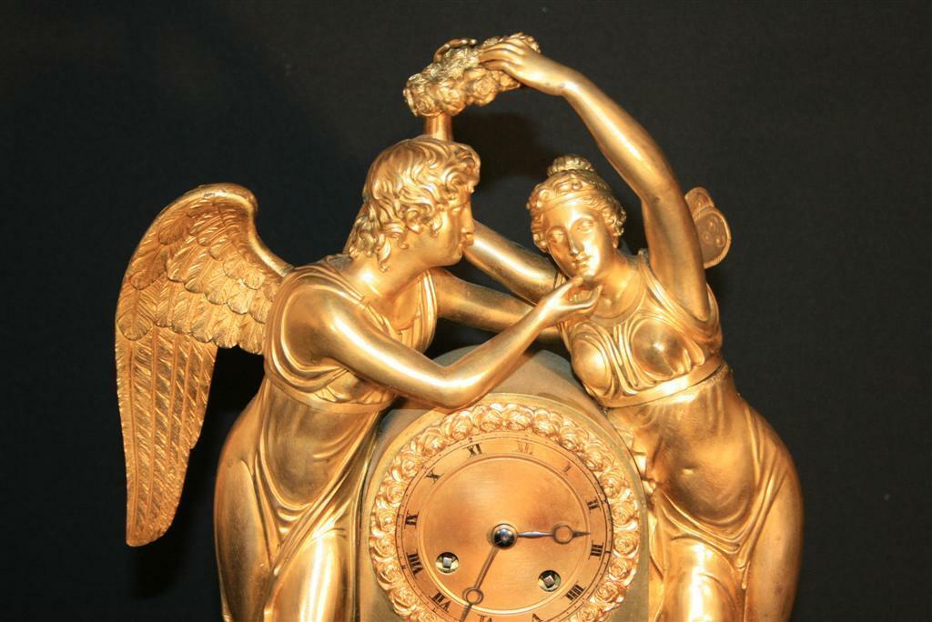 19th Century French Empire Gilt Dore Bronze Figural Amour & Psyche Mantel Clock