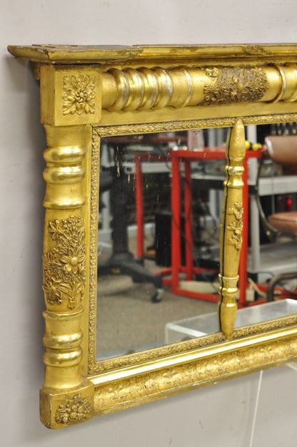 Antique American Federal Gold Giltwood Overmantle 66" Triple Mirror