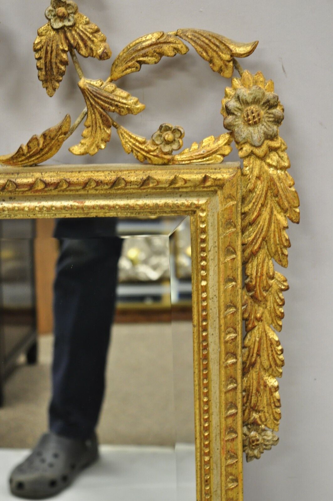 Vintage Italian Gold Giltwood Carved Wood Leafy Scrollwork Console Wall Mirror