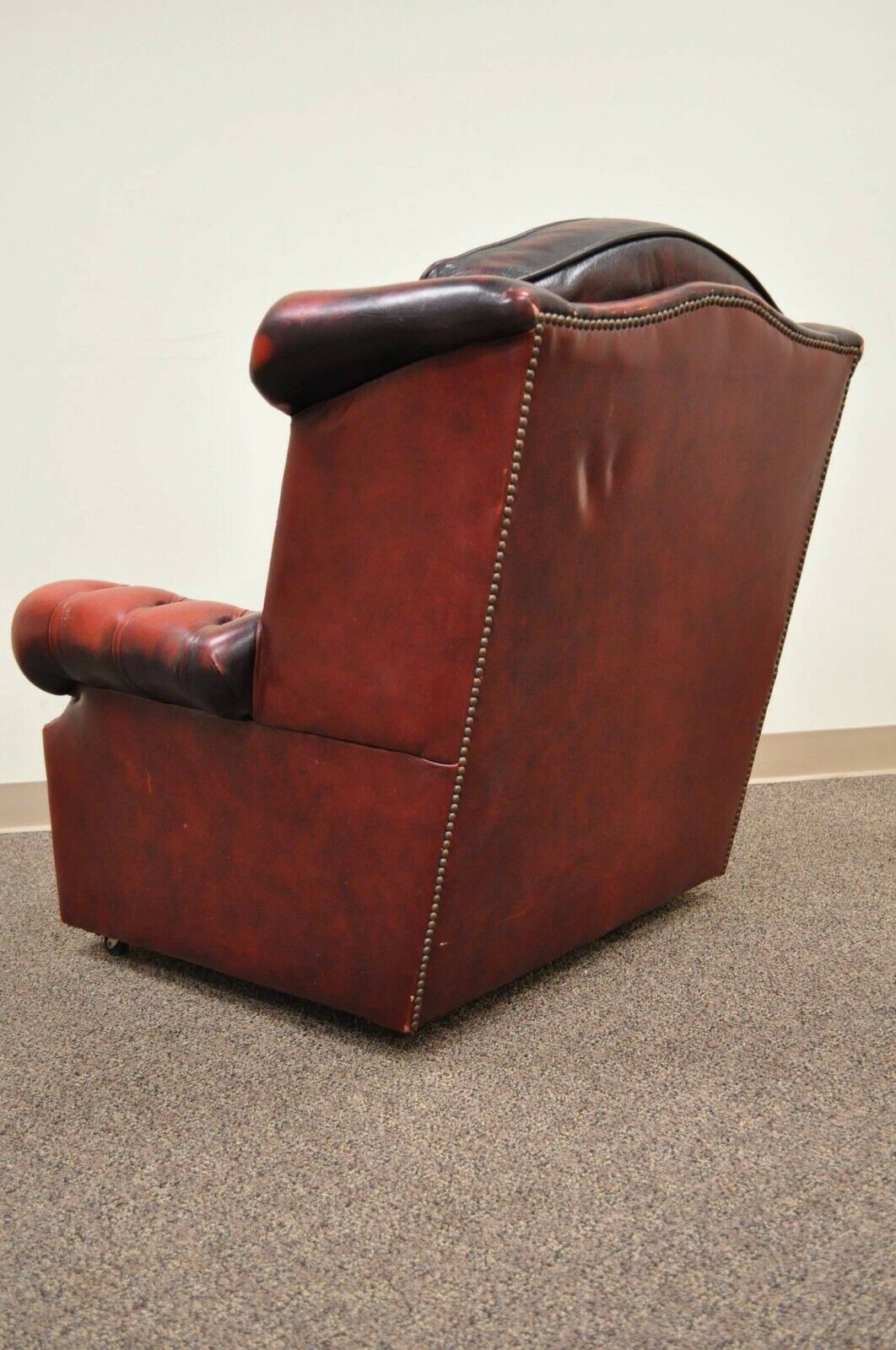 Rolled Arm Tufted Red Leather English Chesterfield Club Office Lounge Arm Chair