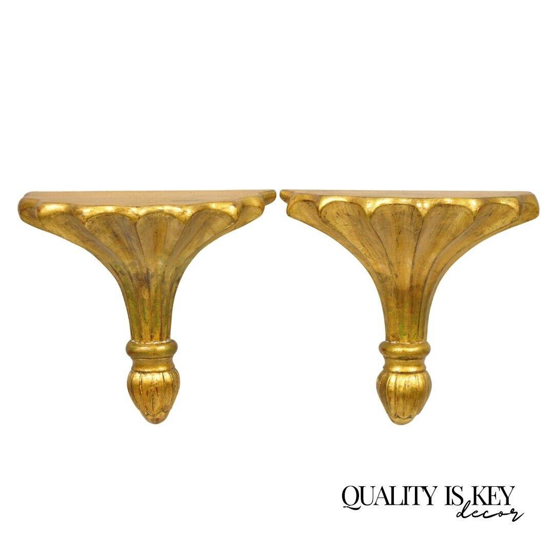 Maitland Smith Distressed Gold Gilt Fluted Fan Design Wall Shelf Bracket - Pair