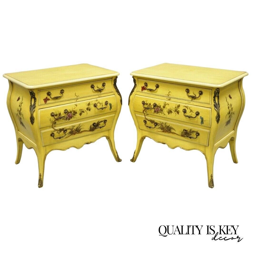 French Louis XV Style Yellow Butterfly Painted 3 Drawer Nightstands - a Pair