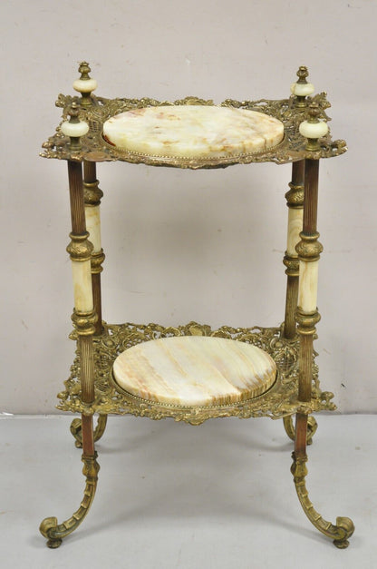 Antique French Victorian Bronze 2 Tier Onyx Stone Plant Stand Accent Table