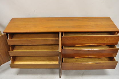 Vintage Mid Century Danish Modern Sculpted Walnut Long Dresser Credenza