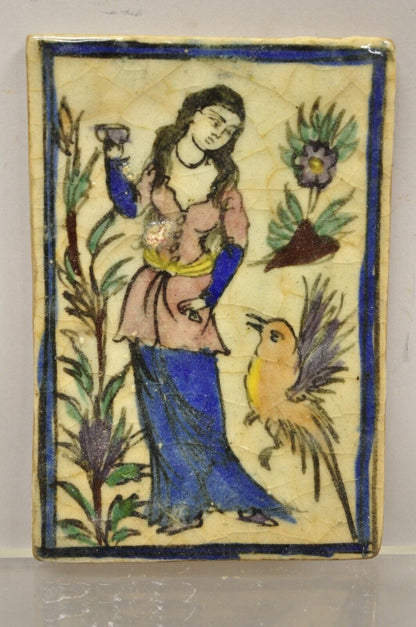 Antique Persian Iznik Qajar Style Ceramic Pottery Tile Woman and Bird C5