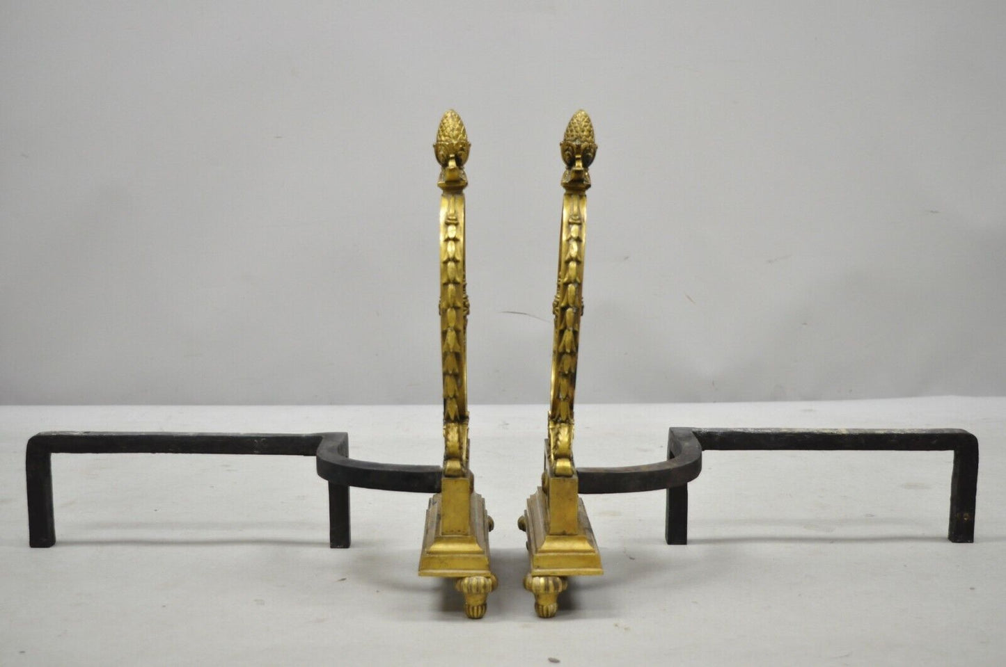 Pair of French Empire Sheraton Style Brass Bronze Urn Acorn Fireplace Andirons