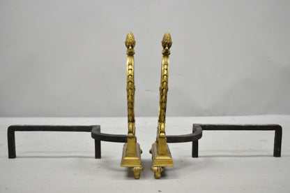 Pair of French Empire Sheraton Style Brass Bronze Urn Acorn Fireplace Andirons