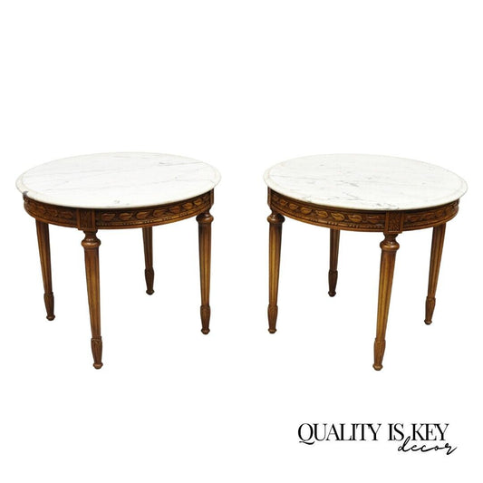 Vintage Italian Provincial Louis XVI Style Round Marble Top Side Tables - a Pair