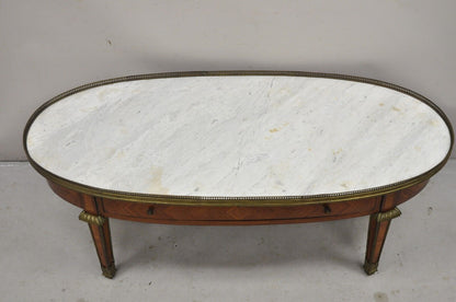 French Louis XVI Style Oval Marble Top Bronze & Satinwood Coffee Table w/ Drawer