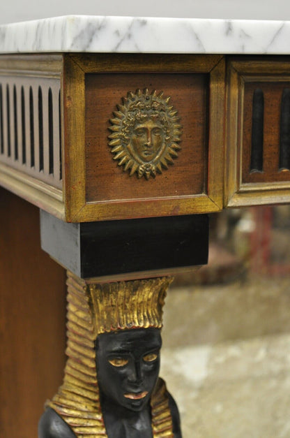 Egyptian Revival Marble Top Figural Carved Ebonized Console Hall Table w Drawers