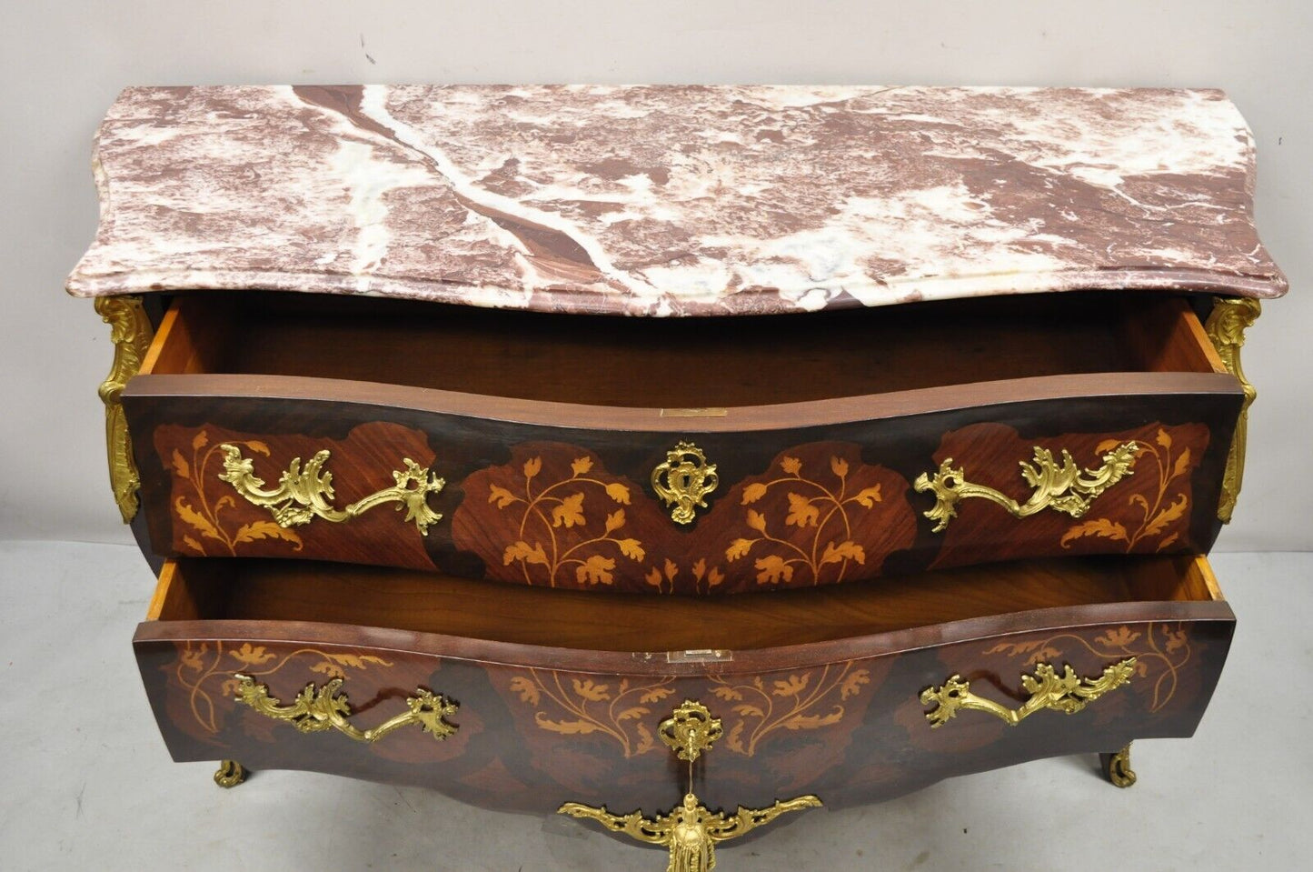 French Louis XV Style Marble Top Bombe Commode Dresser Bronze Ormolu