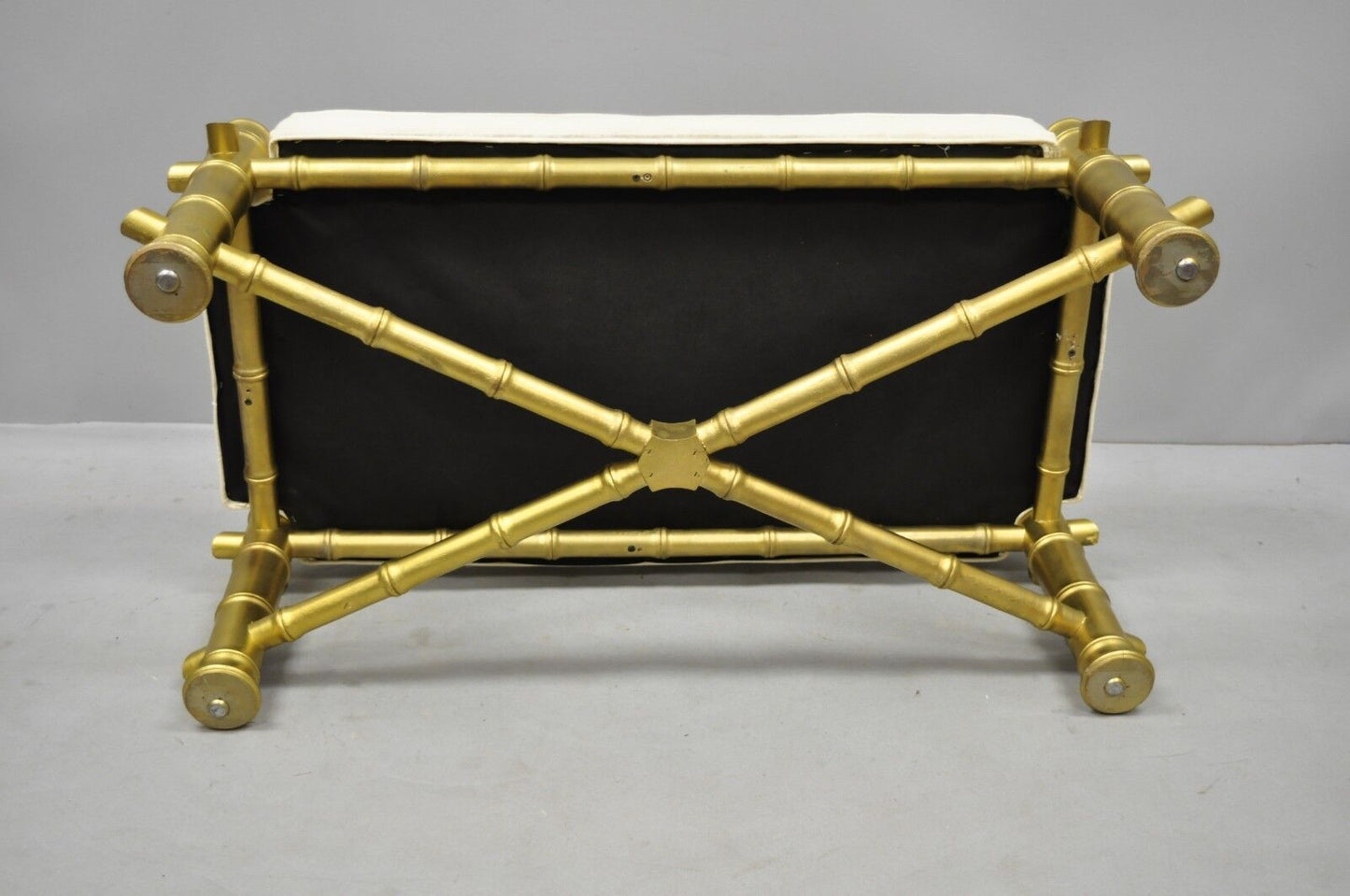 Vintage Gold Faux Bamboo Chinese Chippendale Style Upholstered X-Frame Bench
