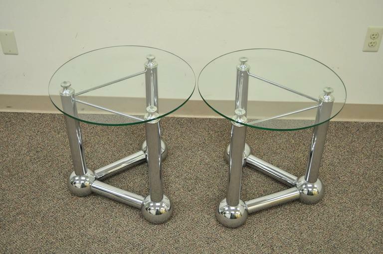 Pair Mid Century Modern Chrome Ball Orb Atomic Era Round Glass Side End Tables