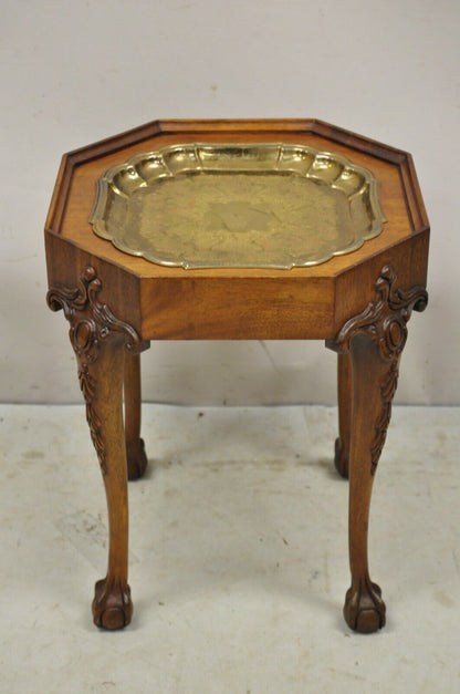 Vtg Georgian Style Carved Ball and Claw Small Side Table Brass Seiden Tray Top