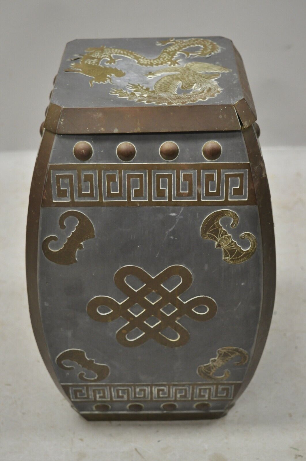 Mid 20th C Chinese Oriental Pewter & Brass Garden Drum Stool Drinks Table
