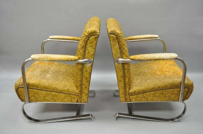 Pair of Lloyd Tubular Chrome Steel KEM Weber Style Art Deco Springer Arm Chairs