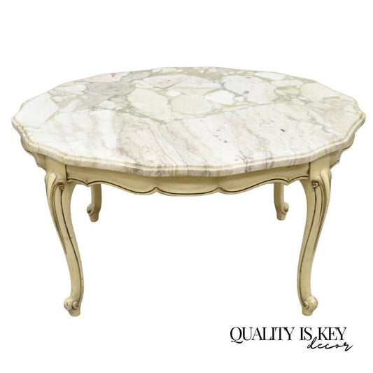 Vintage French Provincial Style Marble Top Cream Painted Round Coffee Table