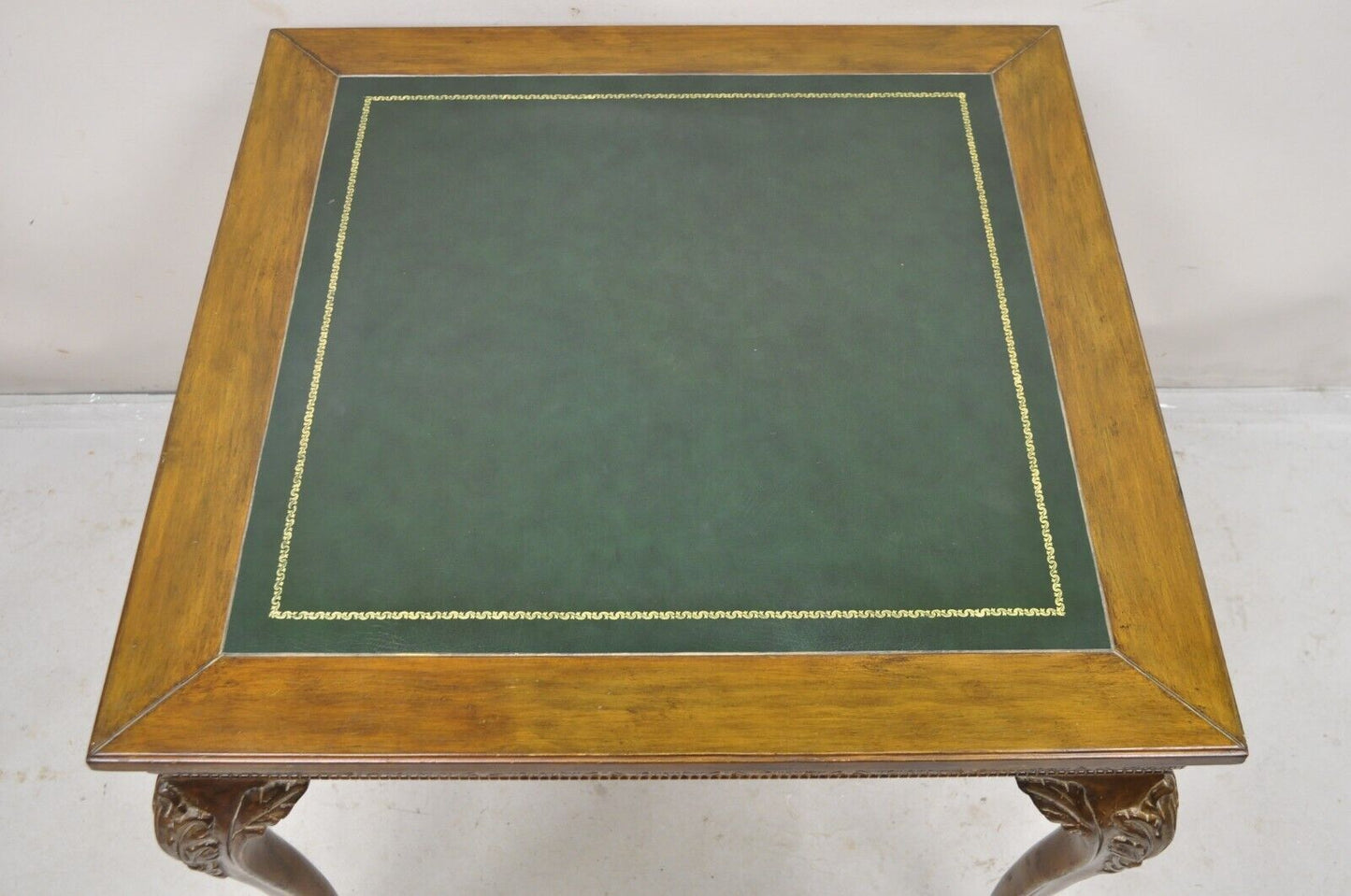Vintage French Louis XV Style Green Tooled Leather Top Square Card Game Table