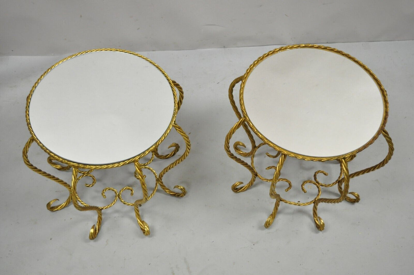 Vintage Italian Hollywood Regency Gold Gilt Glass Top Low Side Tables - a Pair