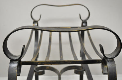 Vtg Gothic Italian Hollywood Regency Black Wrought Iron Curule Bench Seat Chair