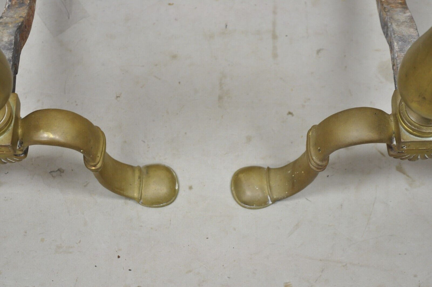 Antique Federal Brass Cannonball Cast Iron Fireplace Hearth Andirons - a Pair