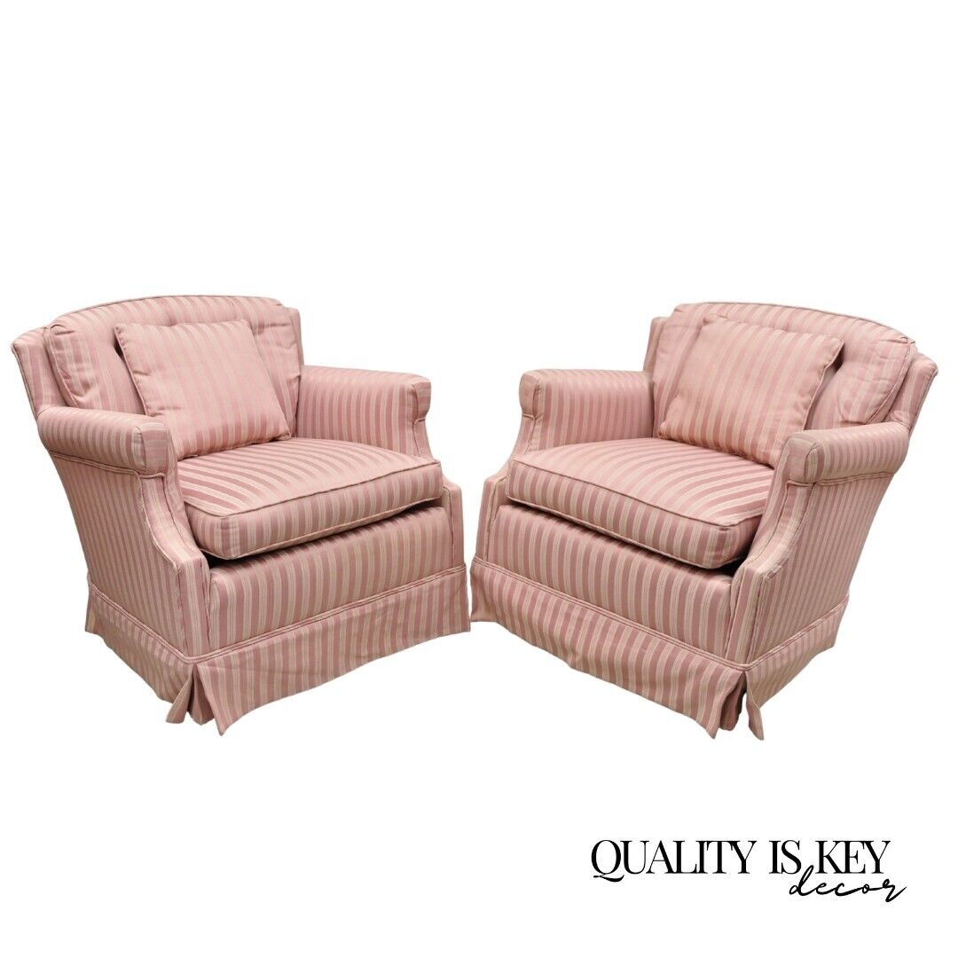 Pair Vintage Custom Pink Candy Stripe Upholstered Swivel Tilt Club Lounge Chairs