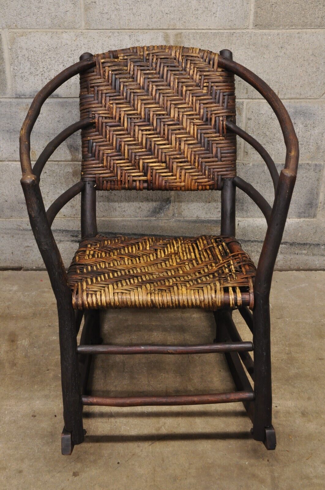 Vintage Adirondack Old Hickory Style Tree Branch Wood Frame Rattan Rocking Chair
