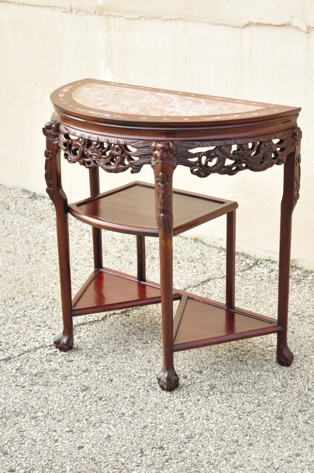 Vintage Oriental Chinese Carved Hardwood Demilune Marble Top Console Table