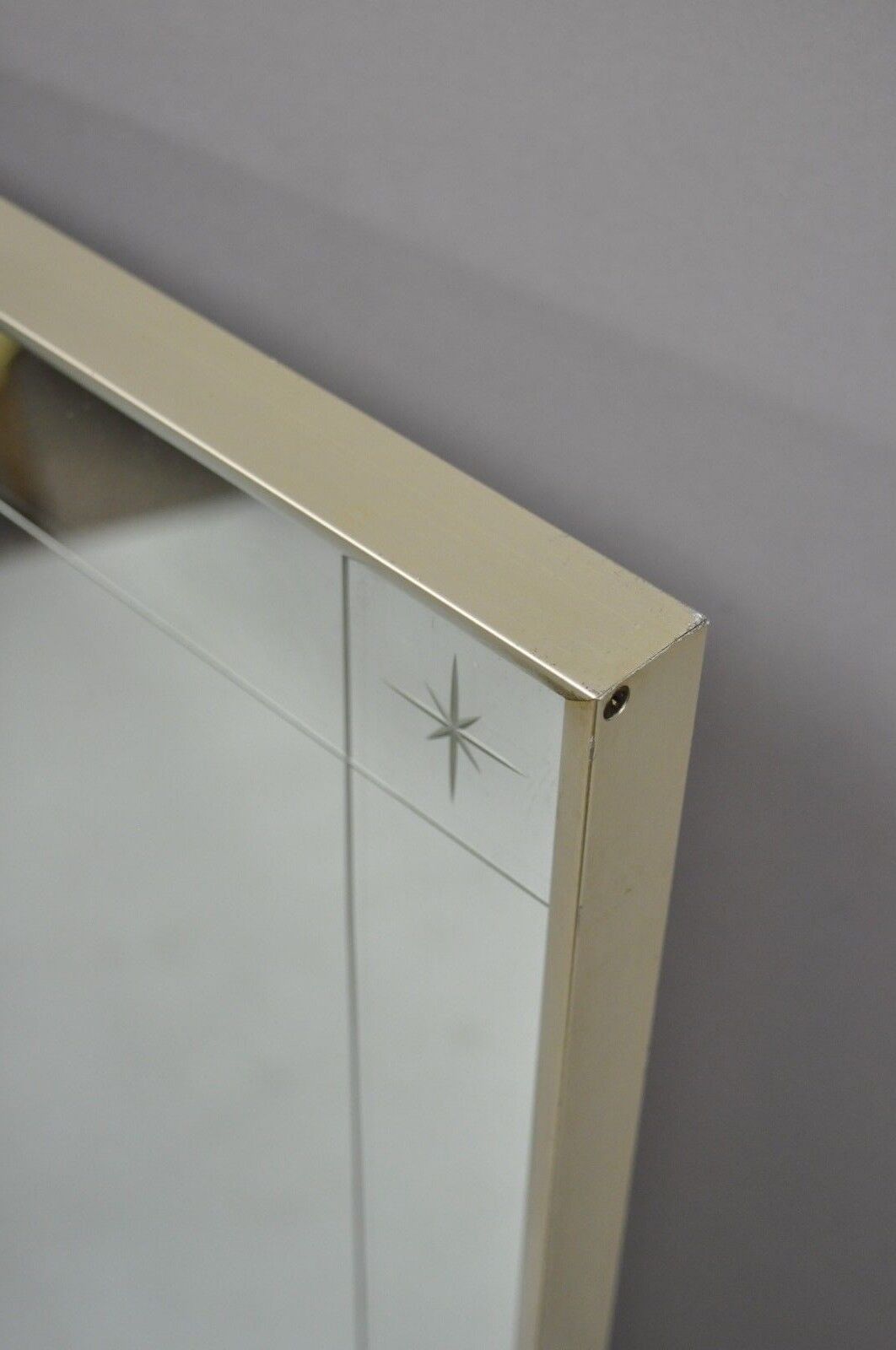 Vintage Mid Century Modernist Etched Star Frame Wall Mirror w Silver Metal Frame