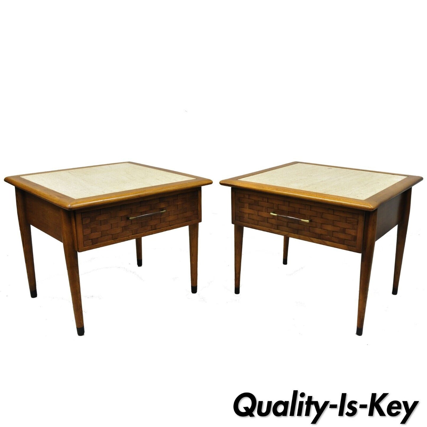 Pair of Mid Century Modern Lane Style Walnut & Travertine One Drawer End Tables