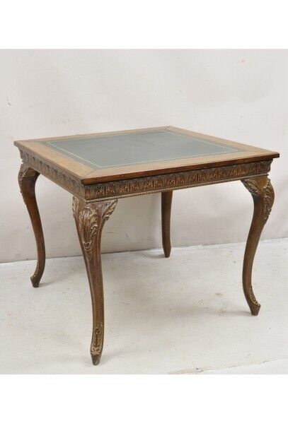 Vintage French Louis XV Style Green Tooled Leather Top Square Card Game Table