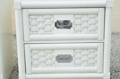 Dixie Cane Rattan Campaign Style White Hollywood Regency Nightstands - a Pair