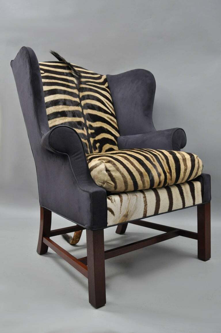 Zebra Hide Blue Suede Mahogany English Georgian Style Wingback Library Chair