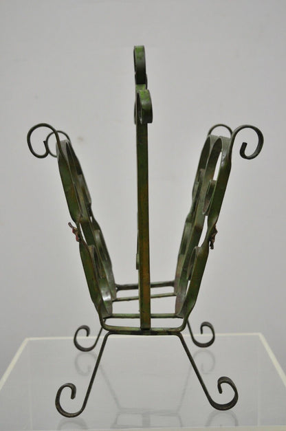 Antique Art Nouveau French Style Wrought Iron Small Green Magazine Rack Flowers