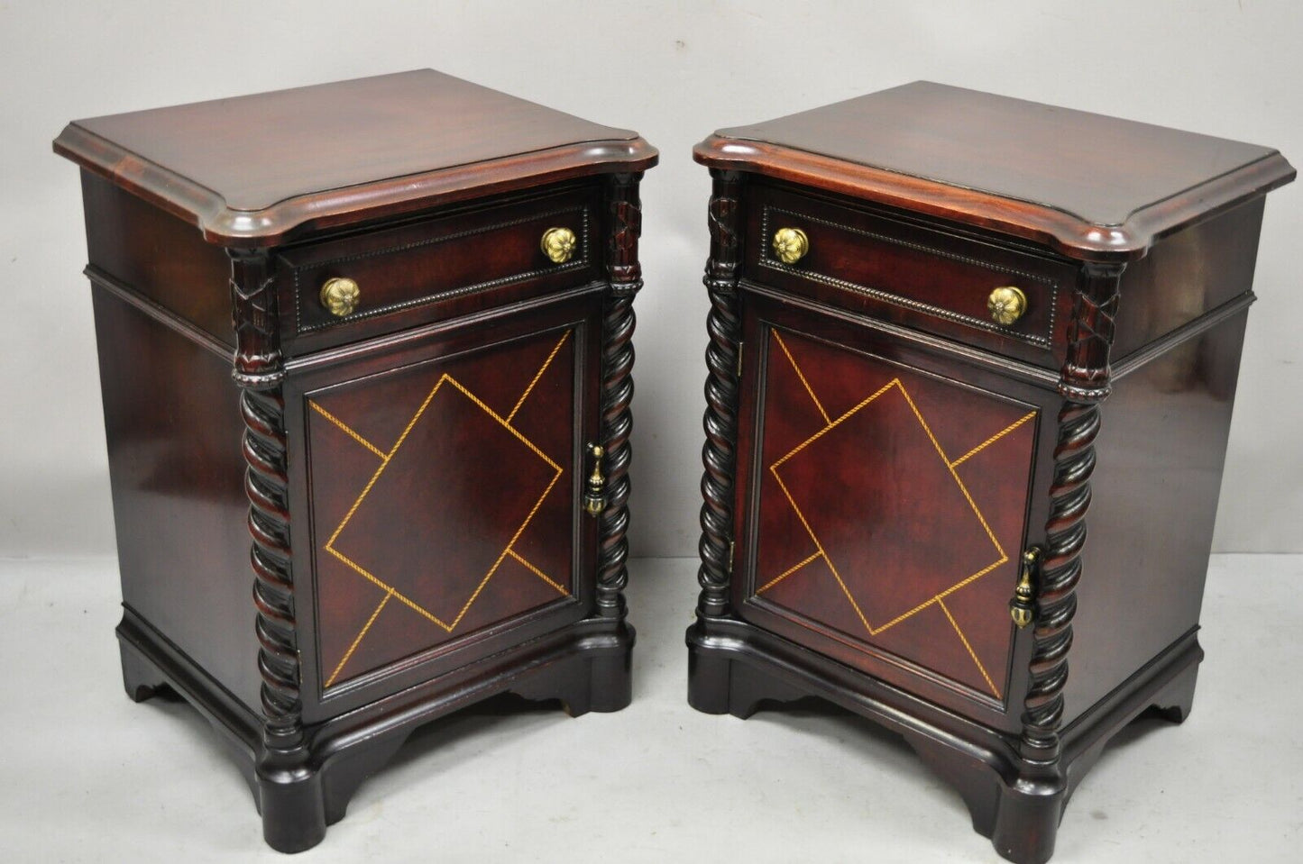 Vtg Mahogany Hollywood Regency Leather Door Nightstands Bedside Tables - a Pair