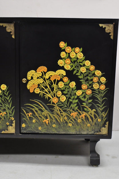 Vintage Chinoiserie Black Lacquer Hand Painted Floral Credenza Cabinet Sideboard