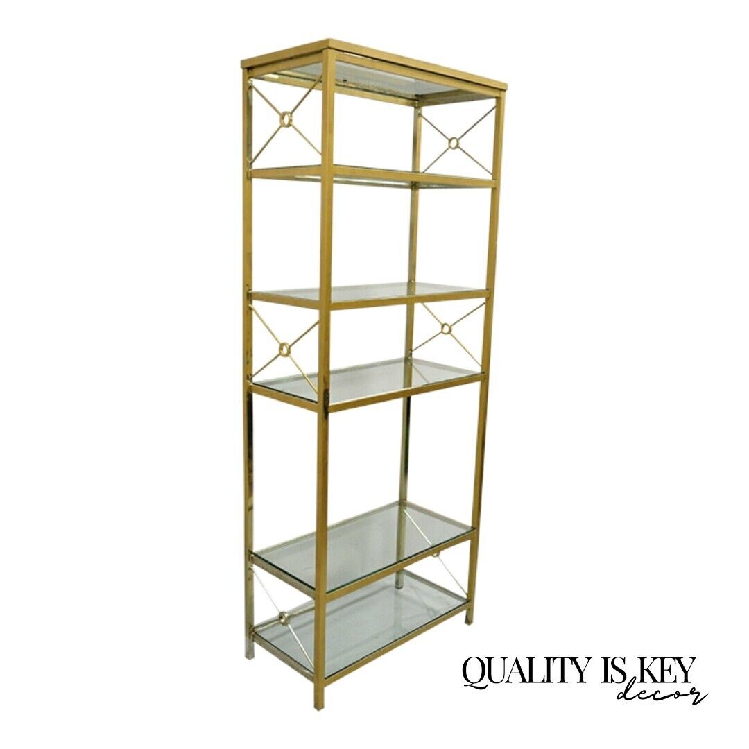 Vintage Brass Metal Gold X-Form Hollywood Regency Modern Curio Shelf Bookcase