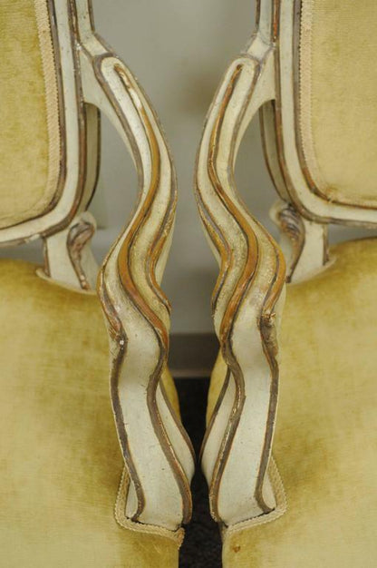 Pair of 19th C Hand-Carved Italian Venetian Distress Painted Fauteuil Arm Chairs