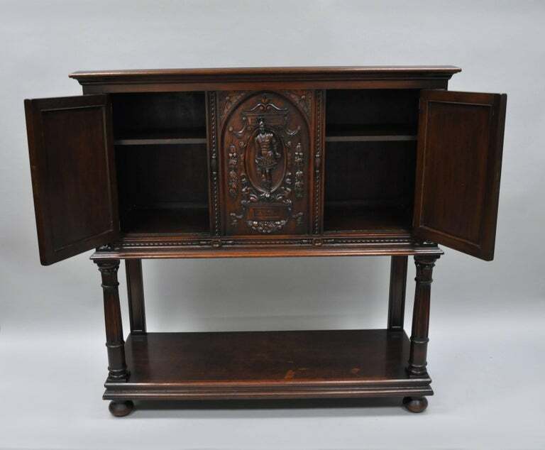 Antique Renaissance Revival Figural Carved Walnut Cabinet Sideboard Cupboard