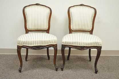 Pair of Antique Carved Walnut French Victorian Louis XV Style Side Accent Chairs