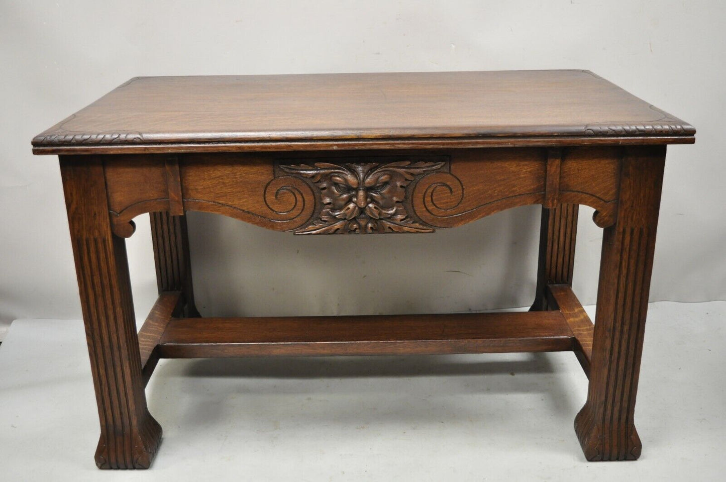 Antique Art Nouveau Carved Oak Northwind Face Desk Library Table with One Drawer