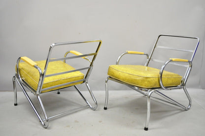 Pair Art Deco Tubular Chrome Yellow Vinyl Club Lounge Arm Chairs Attr. Lloyd Mfg