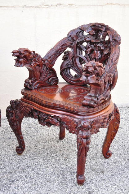 Antique Japanese Art Nouveau Dragon Carved 4 Drawer Partners Desk and Chair