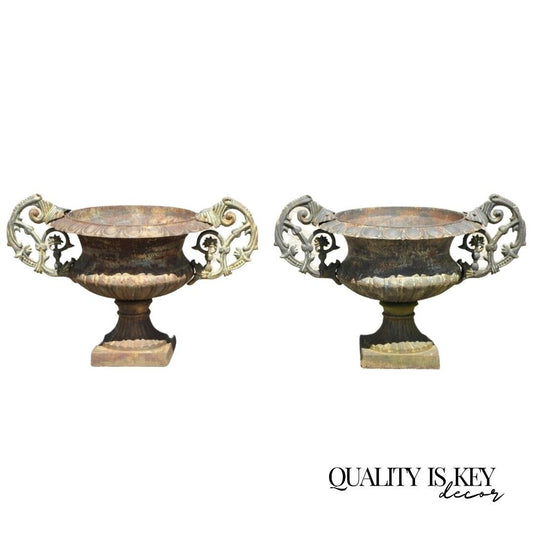 Cast Iron Victorian Style Urn Form Garden Planters with Handles - a pair