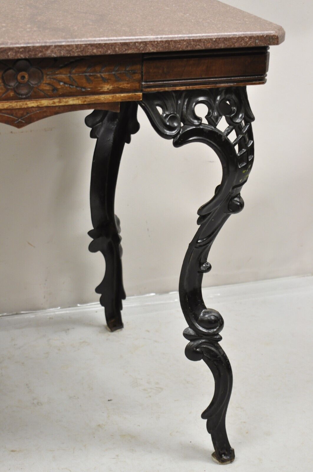 Antique Eastlake Victorian Marble Top Walnut Table with Cast Iron Legs