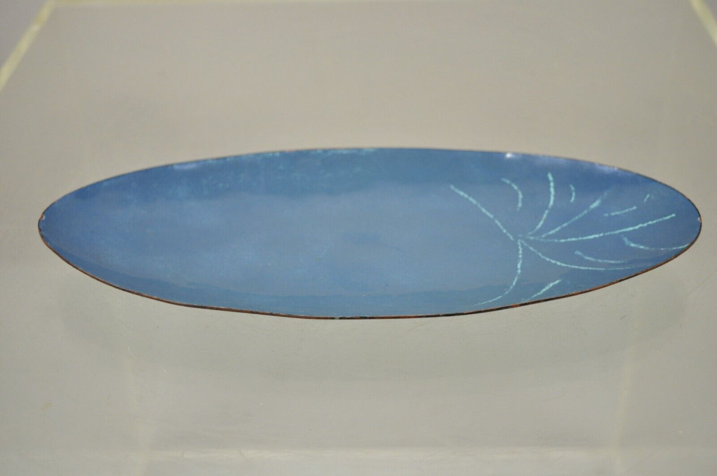 Vintage Mid Century Modern Blue Porcelain Enamel Copper 10" Oval Trinket Dish