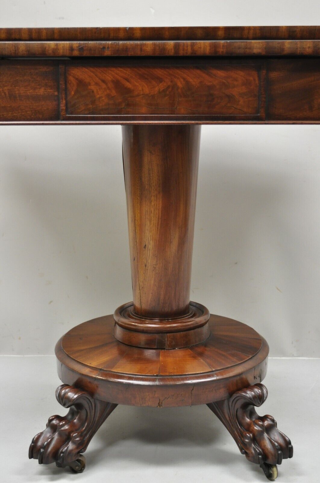 American Empire Crotch Flame Mahogany Paw Feet Pedestal Base Console Game Table