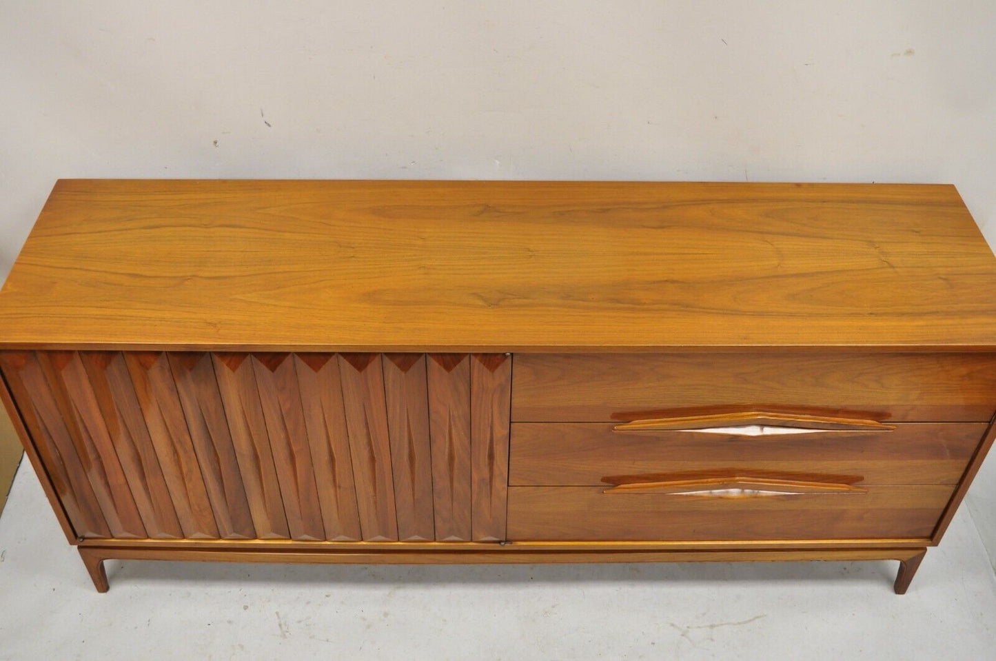 Vintage Mid Century Danish Modern Sculpted Walnut Long Dresser Credenza