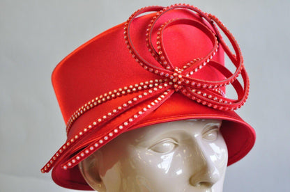 Red Satin Beaded Ribbon Church Derby Top Hat Attributed to Shellie McDowell