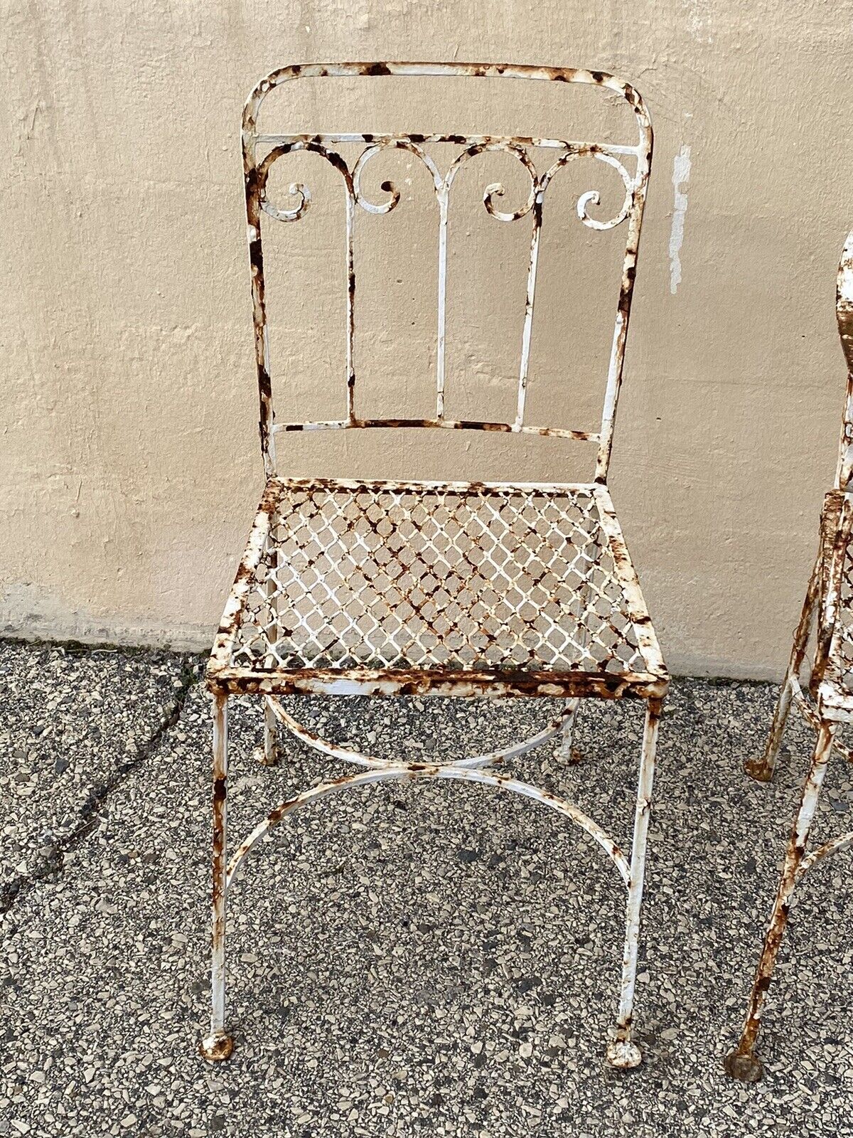 Antique Art Nouveau Scrolling Wrought Iron Garden Patio Dining Chairs - A Pair